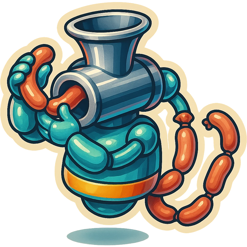 a robot that has a large meat grinder for a head. 2 arms that stuff meat into its meat hole. meat is processed and sausage links come out of the rear. The robot doesnt have legs it hovers.style is not lifelike. sticker or emoji style. robot feeds itself meat emoji