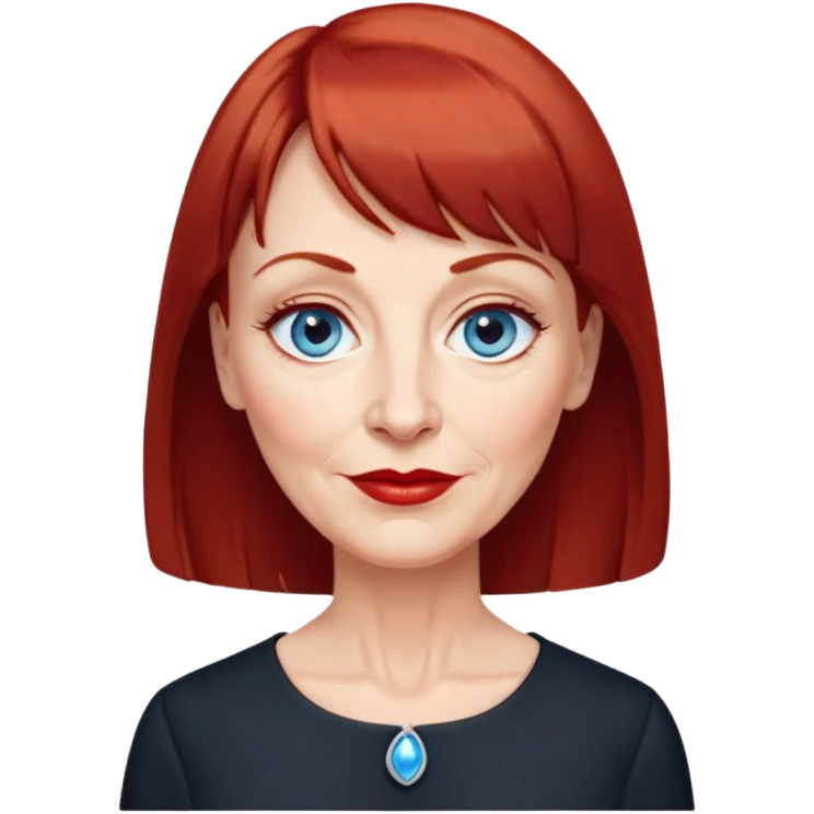Older woman in her early 60s with fair skin, wider oval face, noticeable age lines, blue eyes, thin eyebrows, small nose, red lips, dark red hair with straight bangs, wearing a black blouse emoji