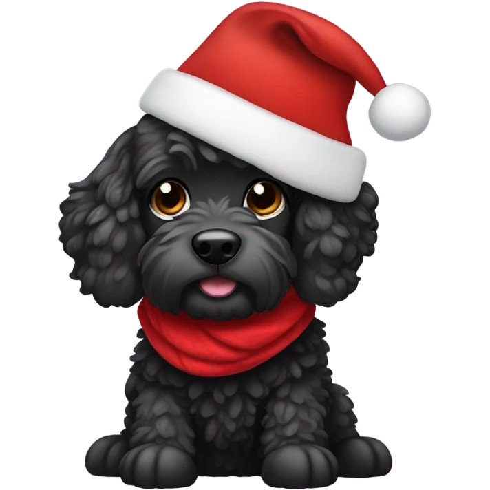 Black cockapoo dog wearing Santa hat and red scarf emoji