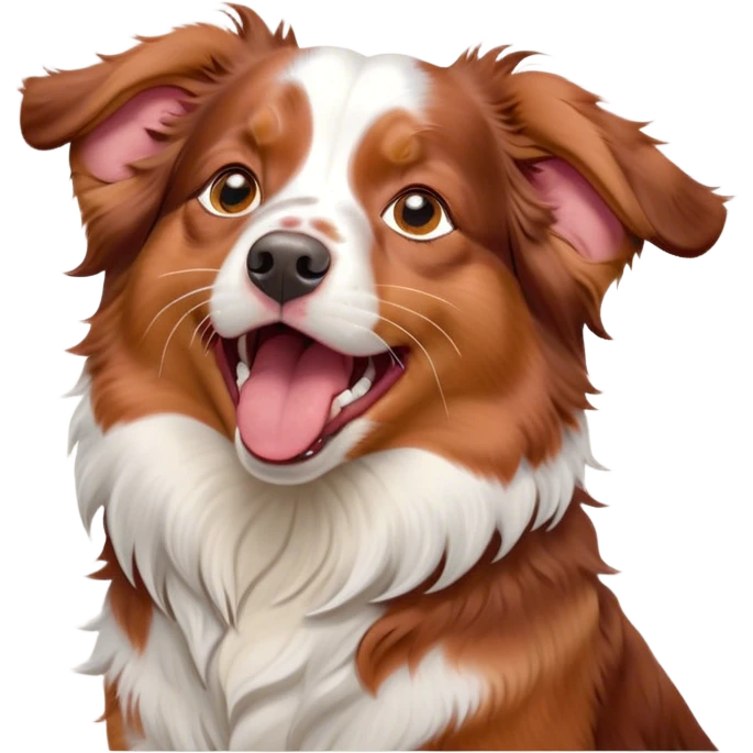 Cinematic Cute Yawning Red Merle Australian Shepherd Portrait Emoji, Head tilted slightly with a dramatic, wide-open yawn, soft red merle fur with subtle white accents, floppy ears slightly drooping, round amber eyes barely open in drowsy contentment, Simplified yet irresistibly adorable features, highly detailed, glowing with a soft, cozy glow, high shine, relaxed yet expressive, stylized with a touch of whimsy, bright and endearing, soft glowing outline, capturing the essence of a sleepy yet affectionate pup, so drowsy it feels like it could stretch right out of the screen and curl up for a nap! emoji