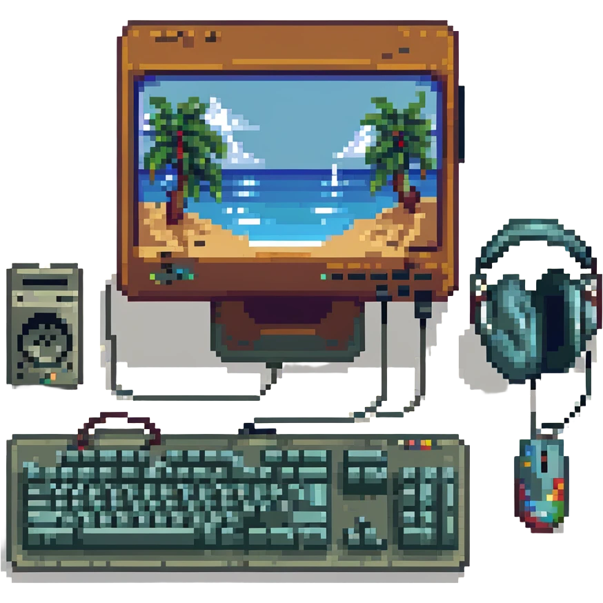windows desktop pc with keyboard, monitor, mouse, and headphones, pixel art style emoji
