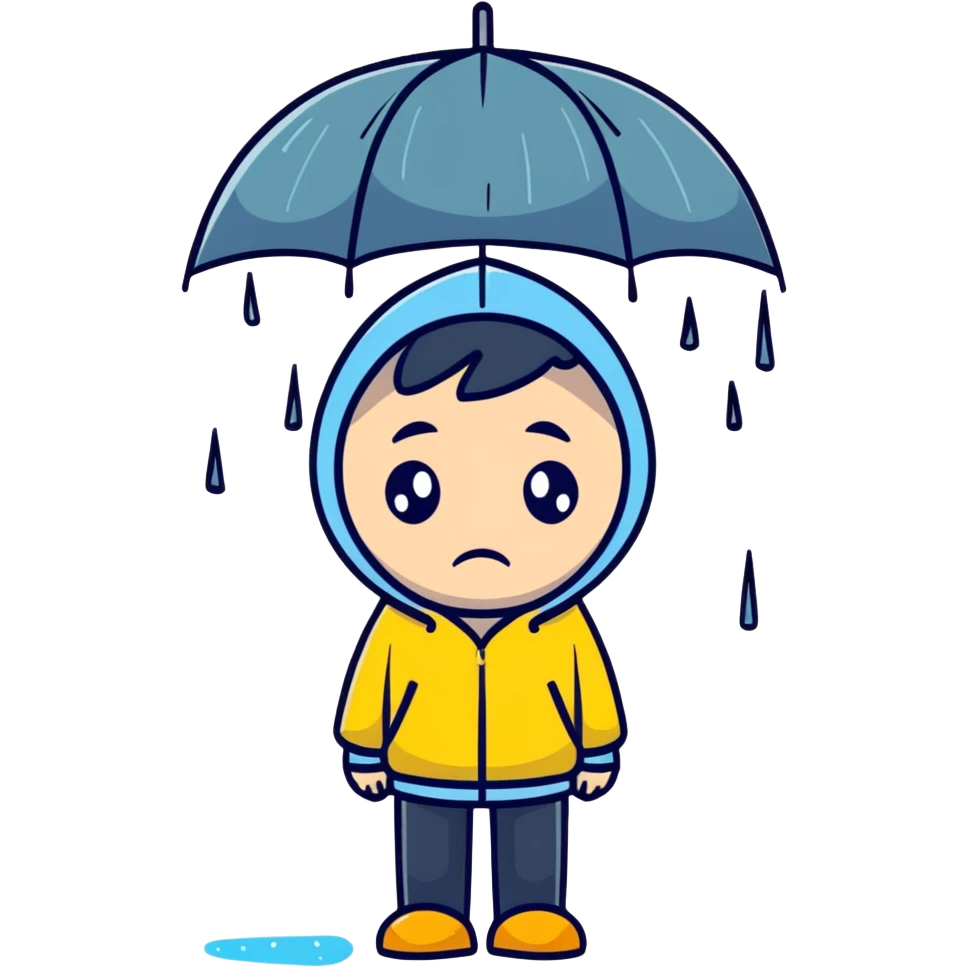 Boy standing alone in the pouring rain, looking sad emoji