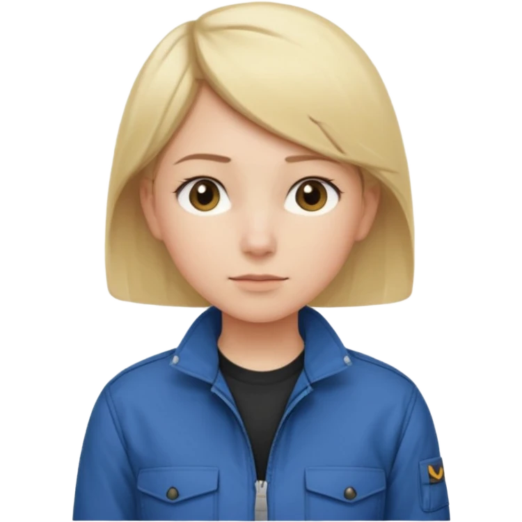 Calm and independent female engineer, fair skin, short straight blonde hair tucked behind the ears, neutral but focused expression, wearing a fitted blue utility jacket over a black crew-neck top, waist-up, front-facing emoji