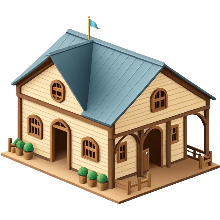 Equestrian stable exterior, isometric dollhouse-style, realistic emoji