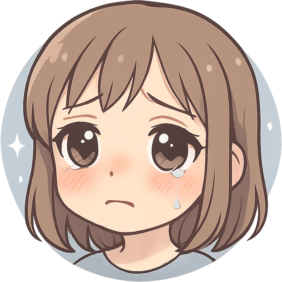 anime-style girl emoji, sad expression, glossy eyes, single tear, pink cheeks, pastel blue-gray background with sparkles, soft, sensitive, emotional look emoji