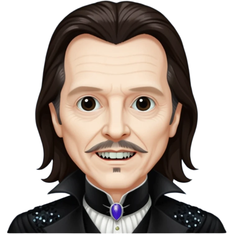 Gary Oldman as Dracula with long dark brown hair, black sequin outfit, without glasses emoji