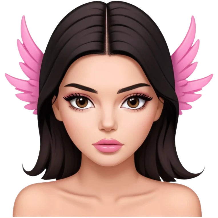 Kendall Jenner model, elongated face, long flowing dark hair, pink glossy lips, pink blush on cheeks, dramatic winged eyeliner, bare shoulders emoji