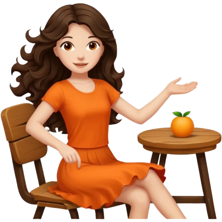 Long dark wavy hair women in orange top  twirling around a chair  emoji