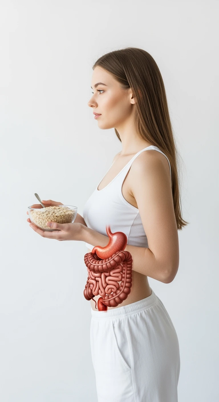 donna con bowl di avena in mano e intestino in evidenza, isolata su sfondo bianco emoji