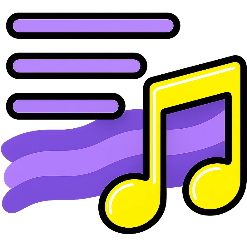 playlist icon with horizontal lines and musical note, lines with purple galactic flow effect, musical note with neon glow emoji