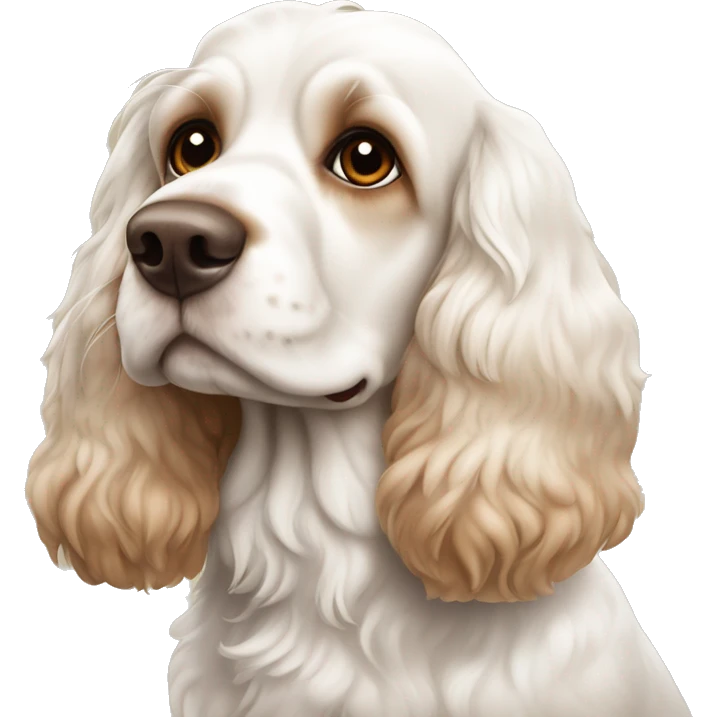 white cocker spaniel with brown ears and brown eyes and  emoji