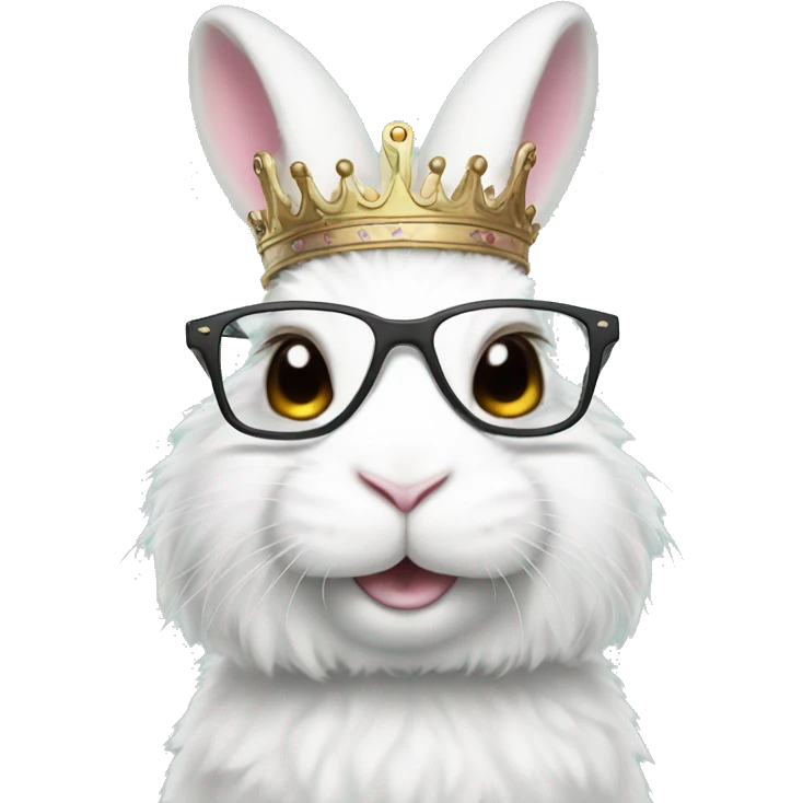 super fluffy white bunny with glasses wearing a crown emoji