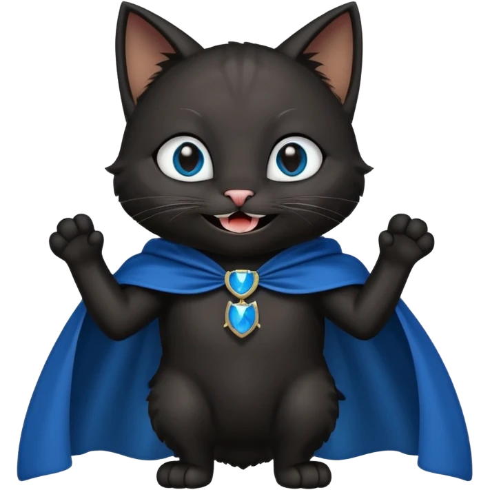 an all black anthropomorphic cat with blue eyes wears an all black cape and is smiling a mischievous sharp tooth grin emoji