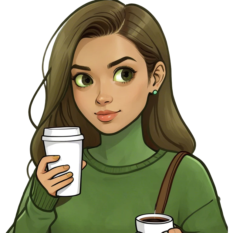 Ragazza con pelle chiara occhi marroni capelli marroni lunghi e mossi con coffee e telefoni in mano odissea di una maglietta bianca e del jeans larghi unghie bianche e lunghe  emoji