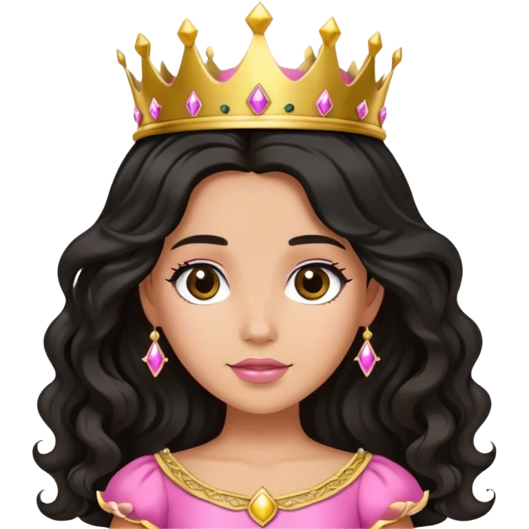 tanned princess, with long black wavy hair and crown and an pink princess outfit emoji