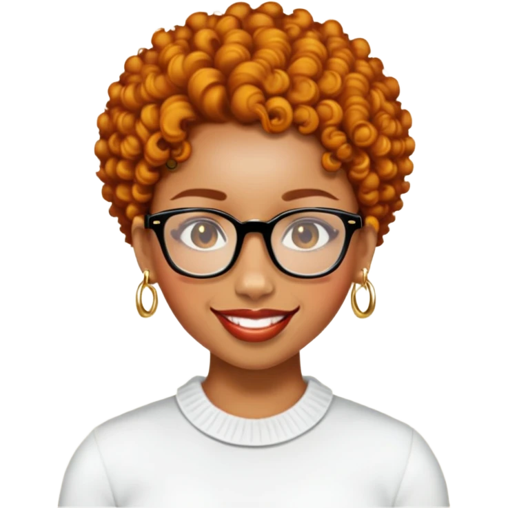Add a gold nose piercing, gold septum piercing, and gold earrings to the light skin black woman with short ginger curly hair and glasses, smiling, in emoji style. emoji