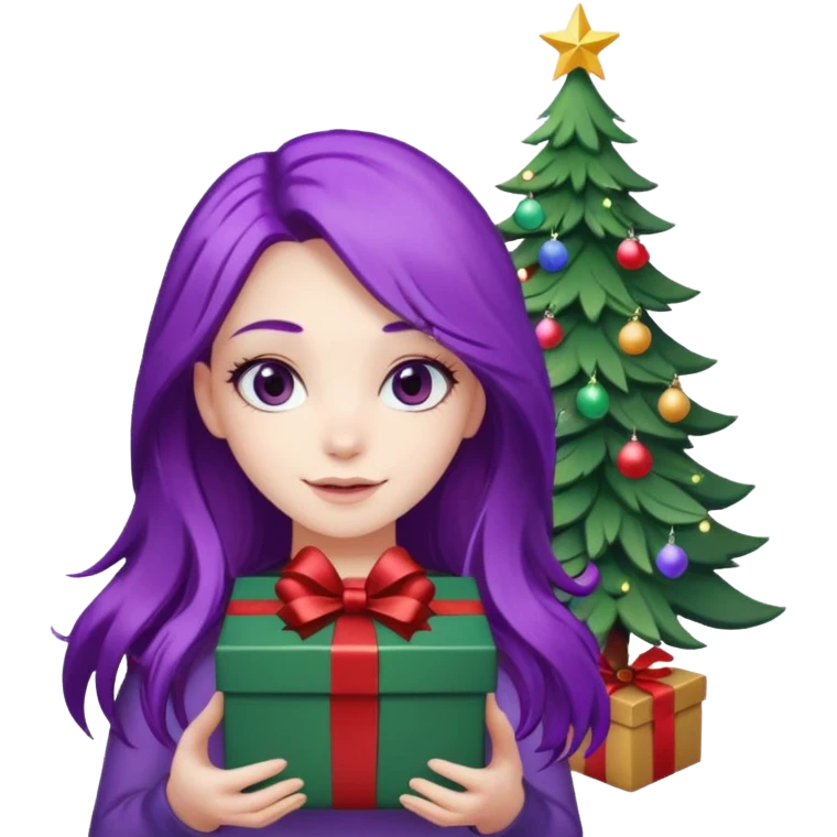 Girl, purple hair, Christmas tree on background with lights. And gift box on hand. Long hair emoji