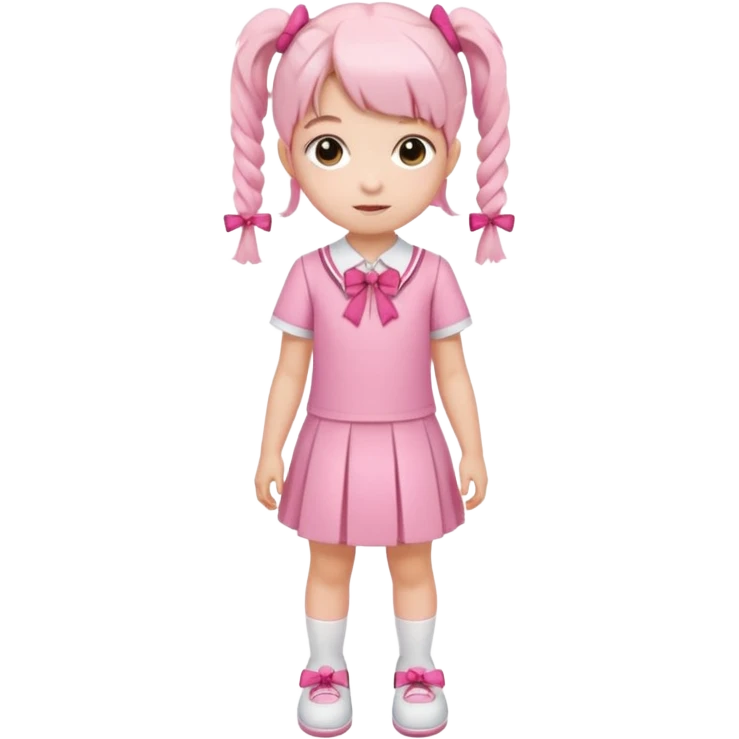 small girl wearing pink student uniform, white dress, white shoes and a bow on her pigtail hair emoji