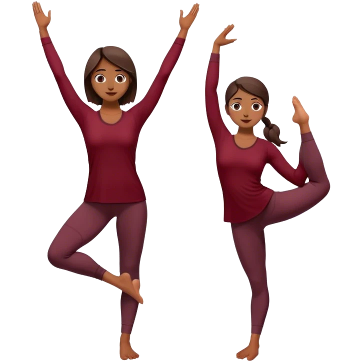 A serene young woman practicing the Tree Pose (Vrksasana), embodying stability with two feet on ground and with dark wine red clothes emoji