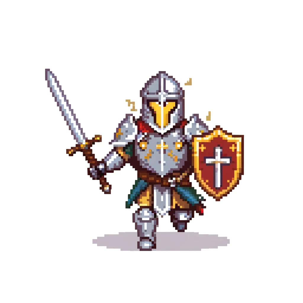 running paladin knight in shining armor with holy symbols and a sword emoji
