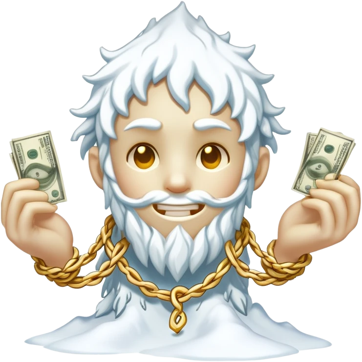 Snow elemental shaped more like a human—think tall, jointed limbs, maybe even facial expressions made of snow flaunting money wearing gold rope chain emoji