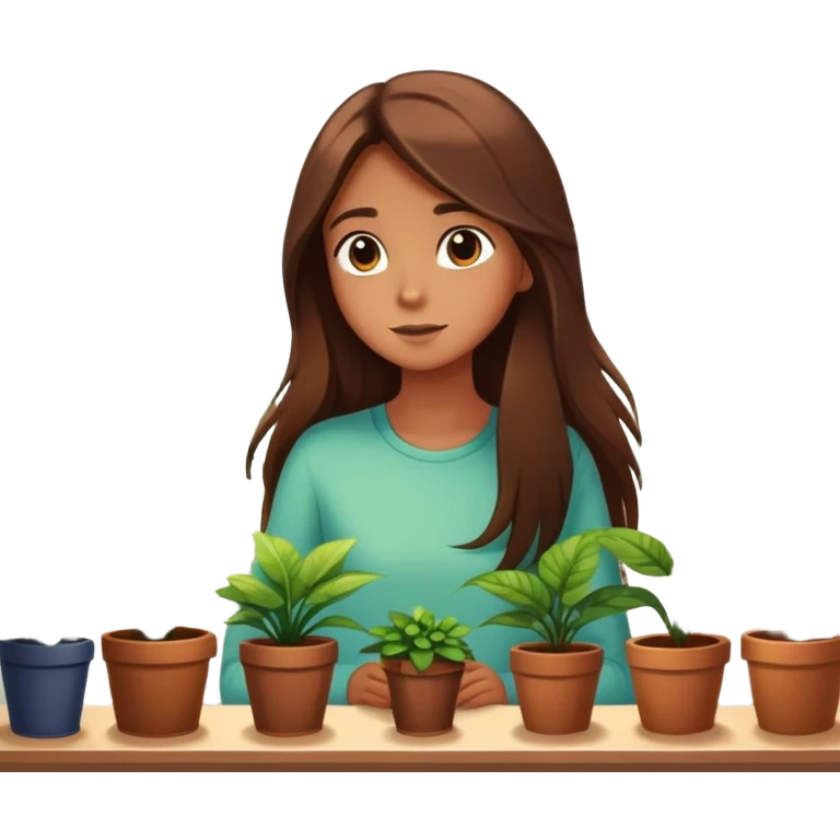 Girl with long brown hair looking out a window with sunbeams and houseplants around her in the background cartoon style  emoji