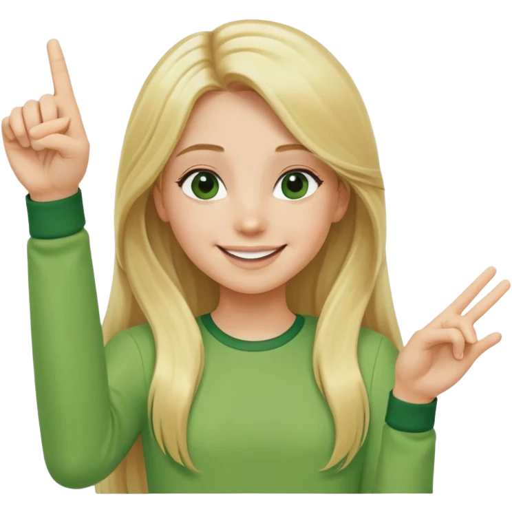 A girl with long blond hair smiles and points up with her palm as if holding something and in green clothes emoji