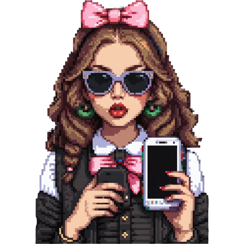 Girl with huge lips, sunglasses, bow on her hair, holding a phone with attitude emoji