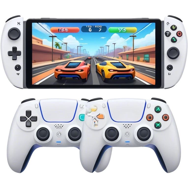 An icon showing a split-screen game display with two sections, each featuring different gameplay action. Two PS5 controllers rest below, symbolizing local multiplayer fun. The design captures the excitement of competitive and cooperative gaming. A transparent background emoji