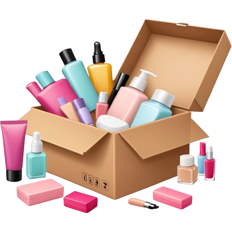 a cardboard box with assorted beauty products like compact, lotion, and nail polish spilling out emoji