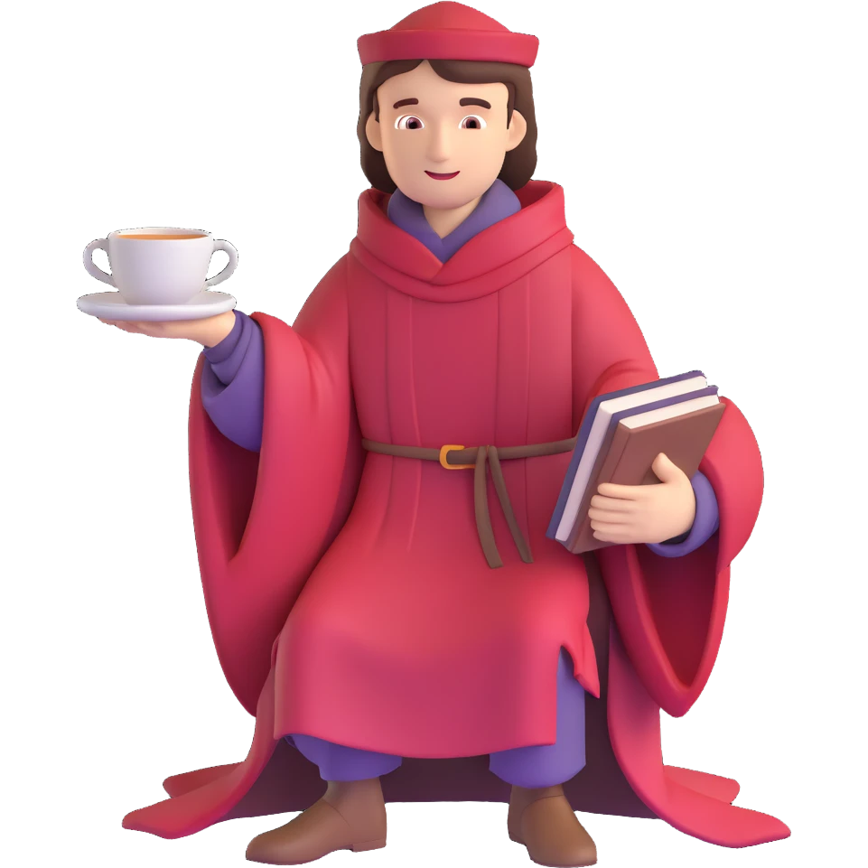 person with book and teacup, Chaucer in medieval robe behind, simple background emoji