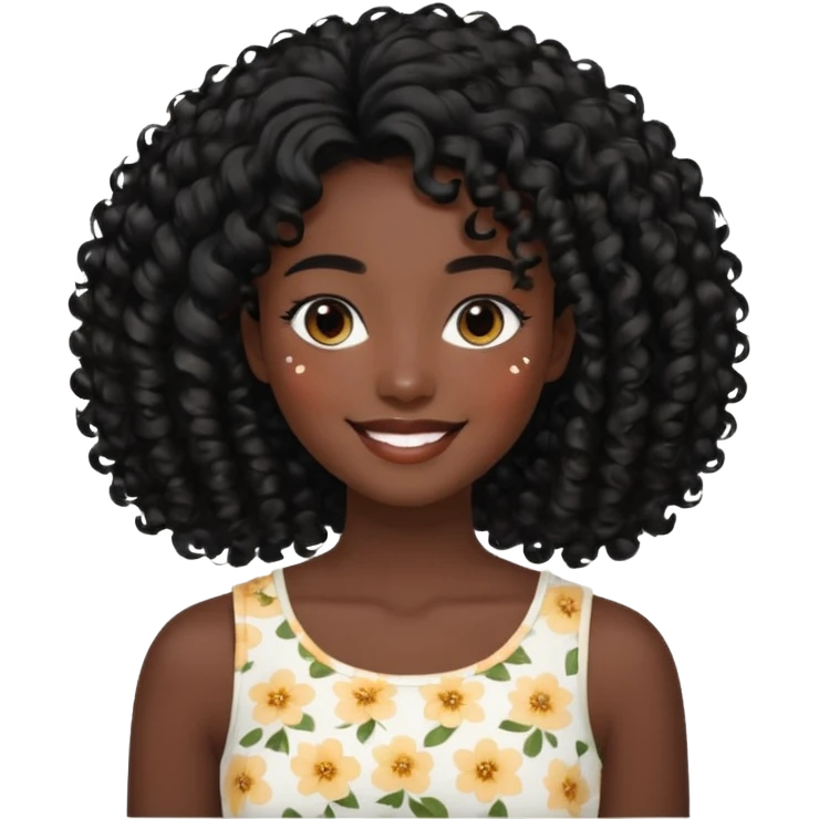 a young woman.She has voluminous, curly black hair that frames her face beautifully. Her skin tone is black light and glowing, and she has a subtle, natural makeup look. She’s smiling softly at the camera. She is wearing a white floral top emoji