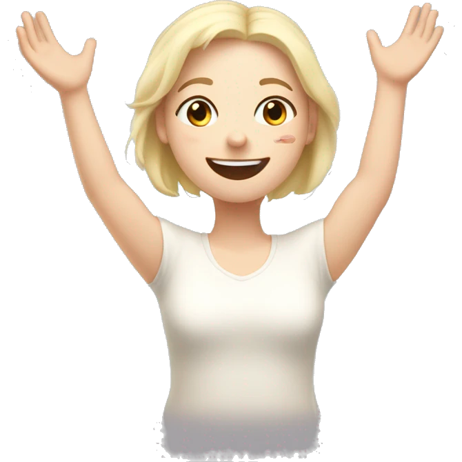 Happy pale girl wakes up in bed and stretches hands up in the air  emoji