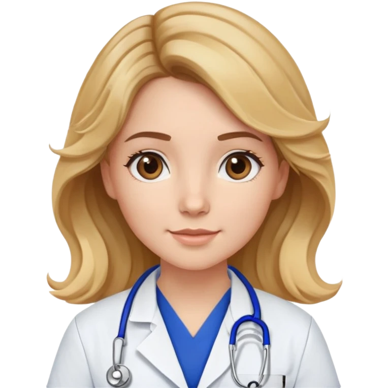 a white girl with brown eyes and wavy brown hair with blonde highlights wearing royal blue scrubs with a white lab coat over it with a light blue stethoscope emoji