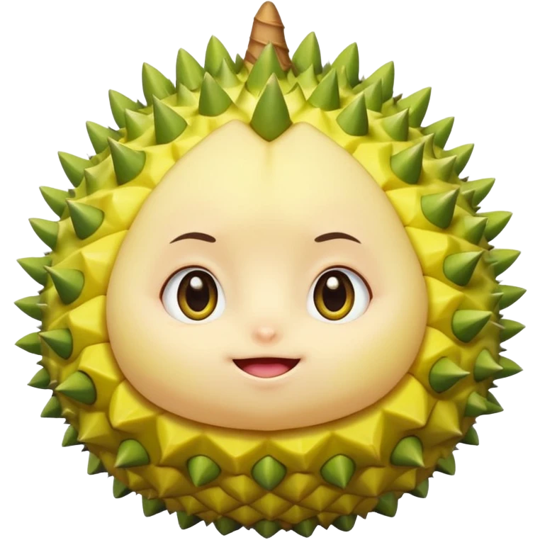 cute durian with round body, green spikes, yellow flesh, blushing, big sparkly eyes, shy emoji