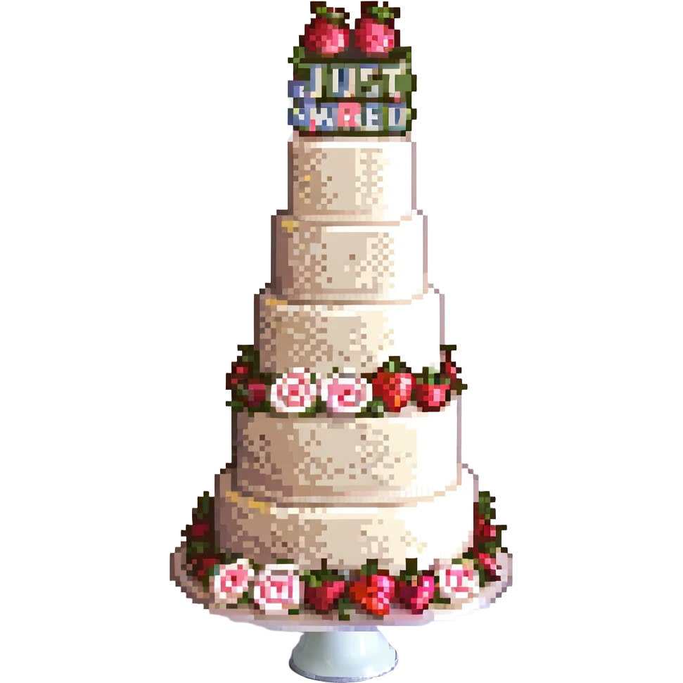 white wedding cake with strawberries, pink roses, 'Just Married' topper, pixel art style emoji