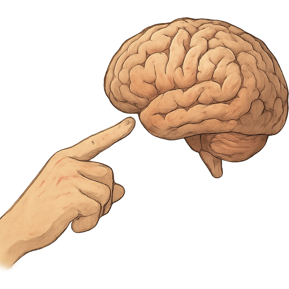 ghibli style a hand with detailed fingers pointing to a brain emoji