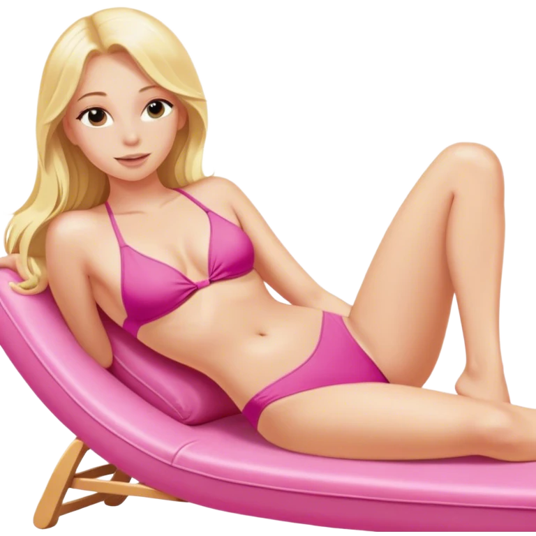  realistic blonde with long hair is lying on a chaise longue in a pink swimsuit, sunbathing in the sun emoji