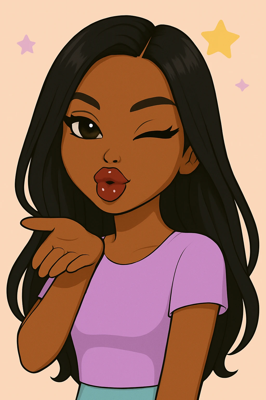 Headshot only of a 20-year-old anime Bratz style woman with dark skin and straight hair. She has a sassy attitude with a confident and playful expression. She wears a cute pastel Y2K look, has big expressive eyes, and glossy lips. No hat, no tears. emoji
