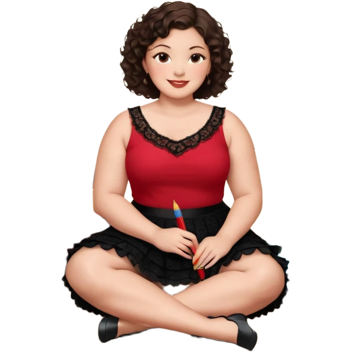 A plus-size brunette woman with short, dark brown curly hair is wearing a red sleeveless shirt and a black lace ruffled skirt. She is sitting on the floor with her legs crossed, holding a crayon in one hand. On the floor are five stacked colorful books and a glass vase with red roses. emoji