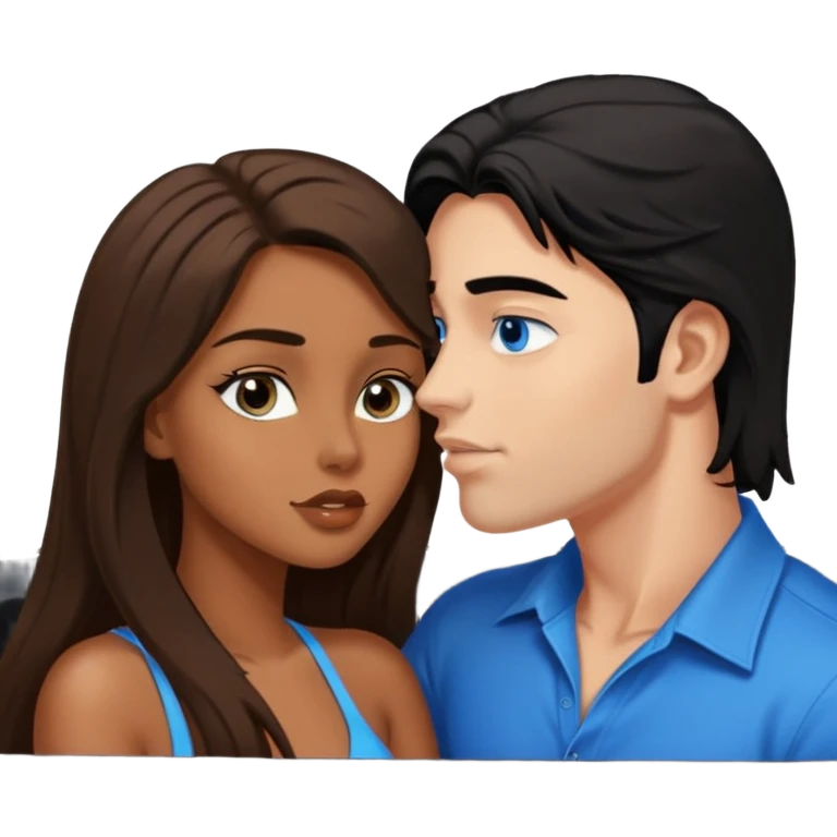 Brown sexy girl with brown eyes long brown hair and sexy white man with black hair blue eyes kissing in car emoji