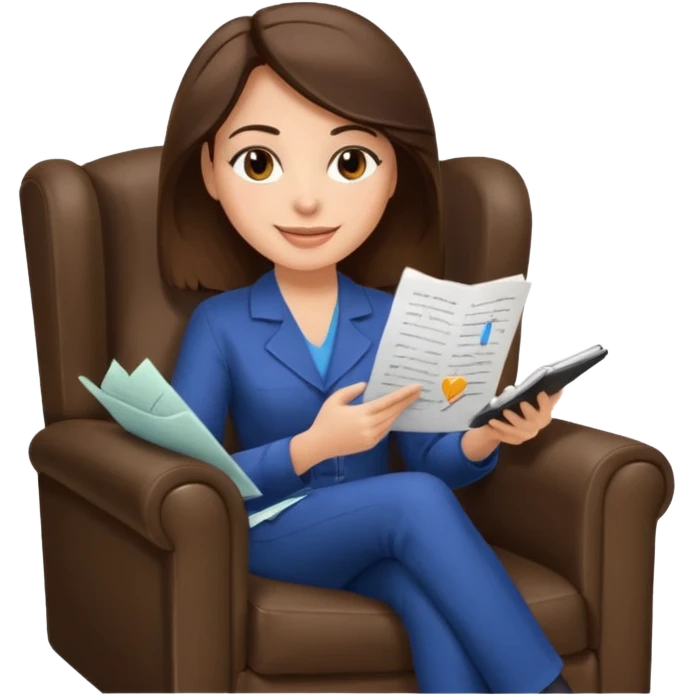 female therapist, brunette, brown eyes, light skin, sitting in an armchair with notes emoji