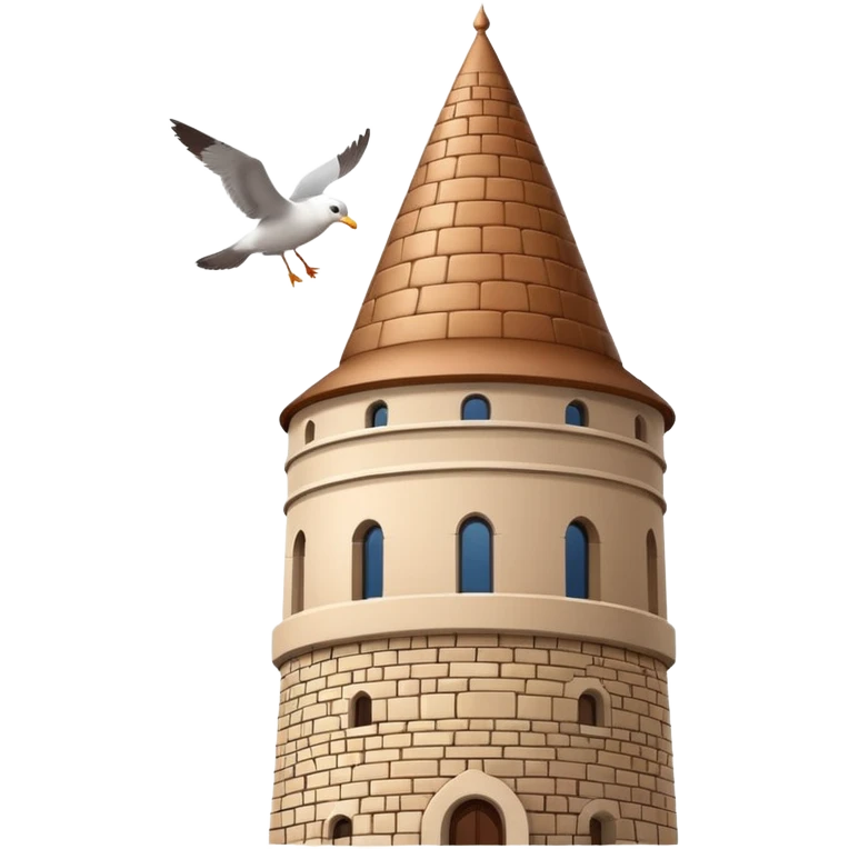 Minimalist smartphone emoji icon of Galata Tower Istanbul. Distinctive conical brown cap, stone texture, small windows. Light blue background, small seagull. Simplified building style. emoji