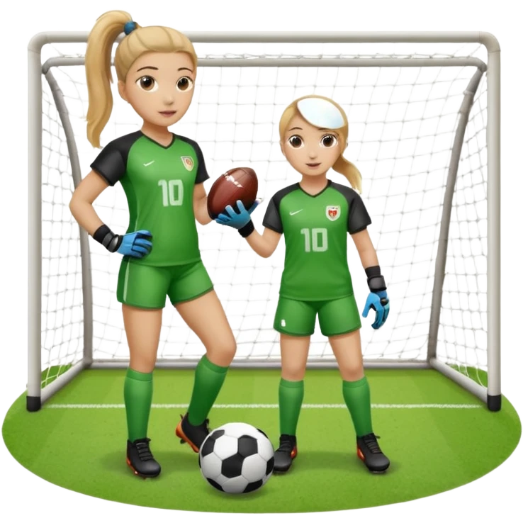 Make a dirty blonde football goalkeeper with goalkeeper gloves on holding a football. The girl is light skinned and wearing a football kit and football shoes. Standing in front of football goal. Wearing a ponytail with the dirty blonde hair. Without a American football ball emoji
