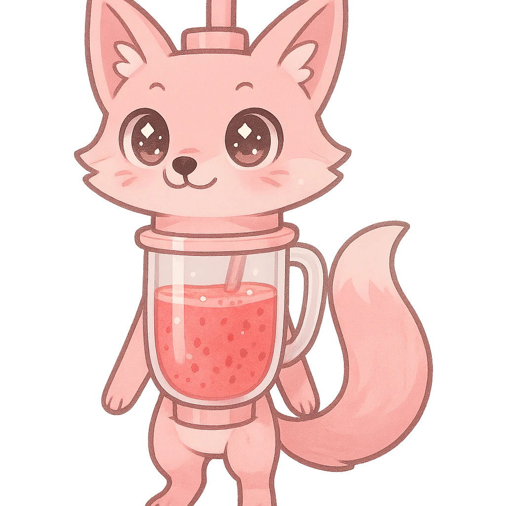 full-body pastel pink blender fox hybrid with transparent body showing a fruity smoothie inside, sparkling eyes, transparent background emoji