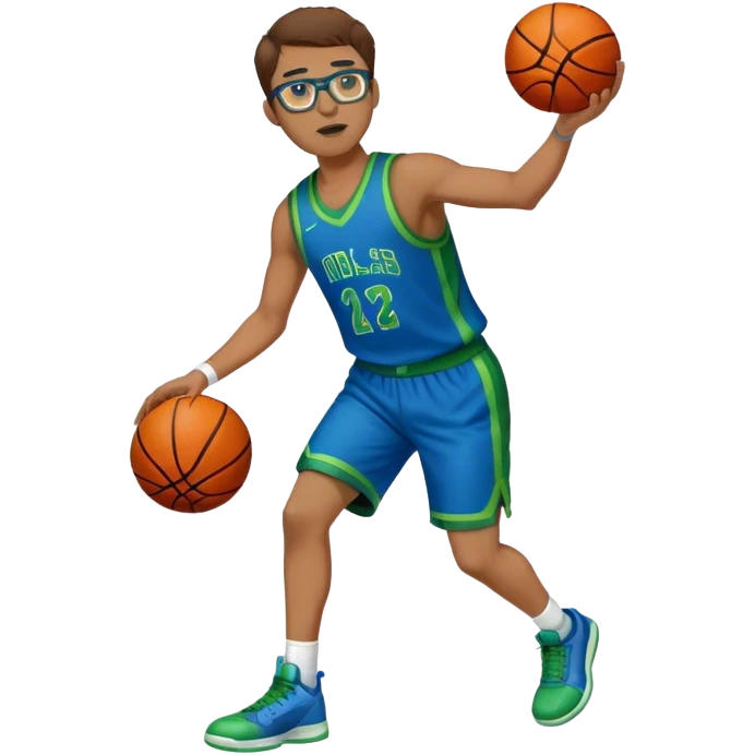 full body brown hair white male basketball player wearing glasses in blue an green uniform emoji