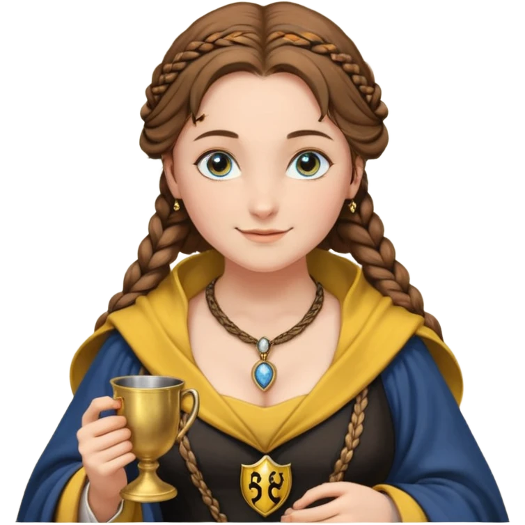 Helga Hufflepuff, blue eyes, brown-haired, two brown braids, yellow-black medieval open dress, black cloak decorated with gold braiding, tiny gold cup with two handles, very kind smile, curvy busty sweet woman, macromastia, round ruddy face, black, gold pendant with round black stone, deep neckline emoji