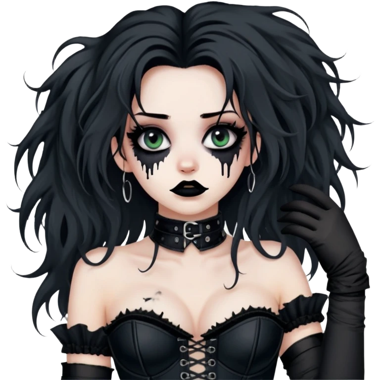 Super messy and sloppy 26-year-old with black, long greasy messy hair, black eye makeup that’s messy and smudged a black corset a black choker, a black bra and black long arm gloves emoji