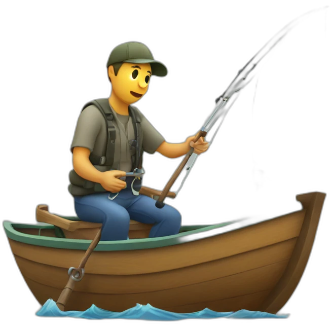 fisherman in a boat reeling in an iphone on the hook of his pole emoji