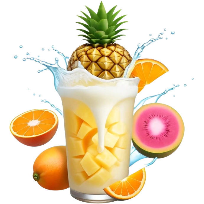 Golden pineapple, orange mango slices, pink papaya pieces, and a swirling white kefir drink floating around a glowing stomach. Light streams flow through the digestive system, showing enzymatic action dissolving blockages. emoji